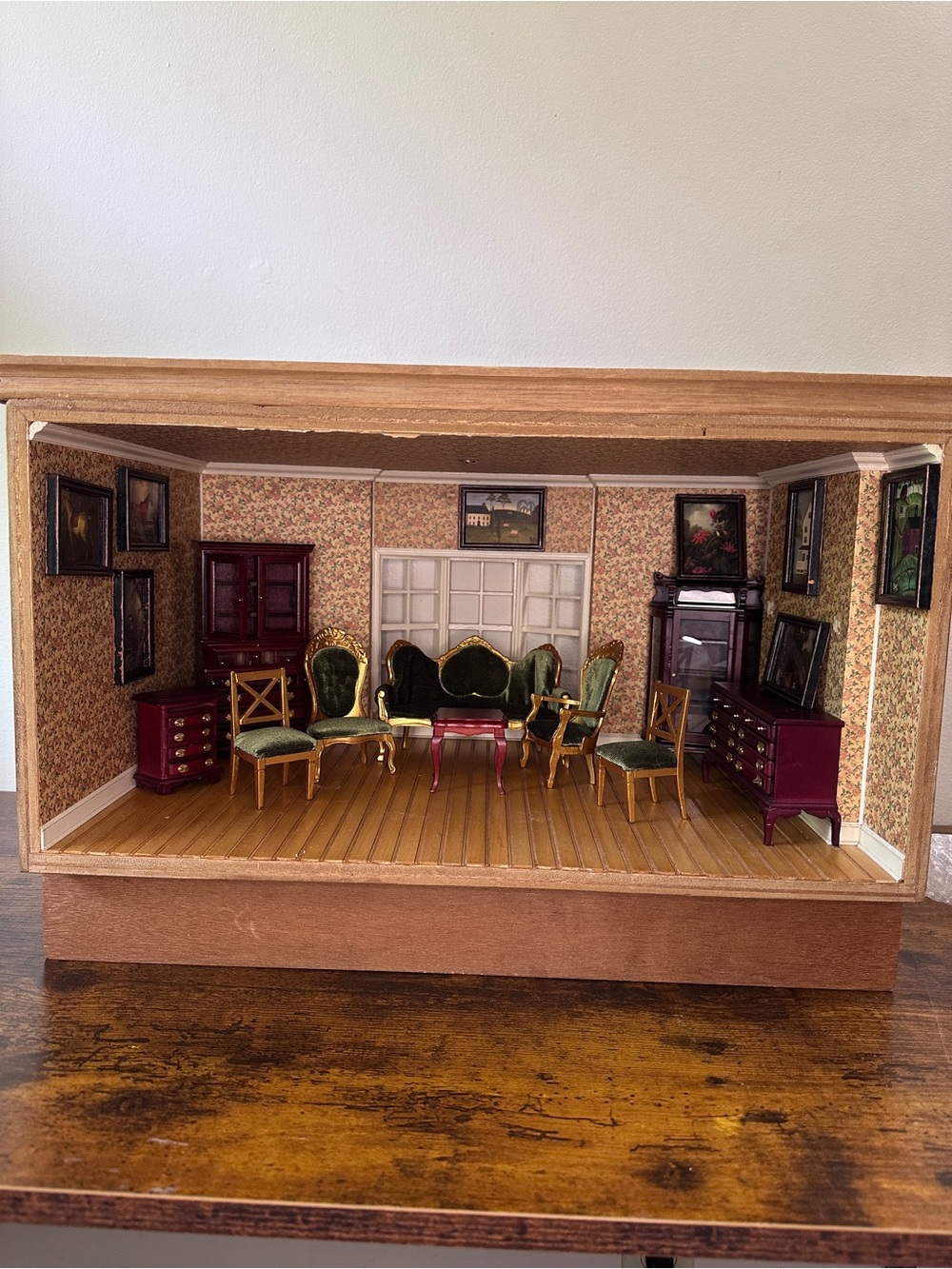 Vintage Dollhouse Room Box Miniature Formal Parlor Living Room Set Wood Showcase